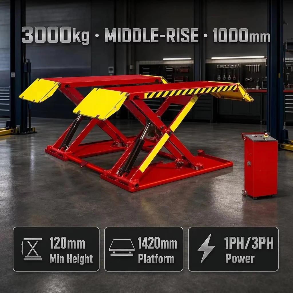 GATmatic LT-630M Hydraulic Middle Rise Scissor Car Lift 3000kg Vehicle Hoist 1000mm Lifting Height Garage Workshop CE Certified