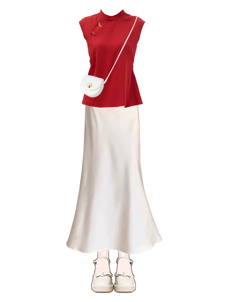 Nuevo chaleco chino Sle con botones Hanfu para mujer, Top de verano 2025, falda de cola de satén envolvente, conjunto de dos piezas con cuello levantado ort Sve