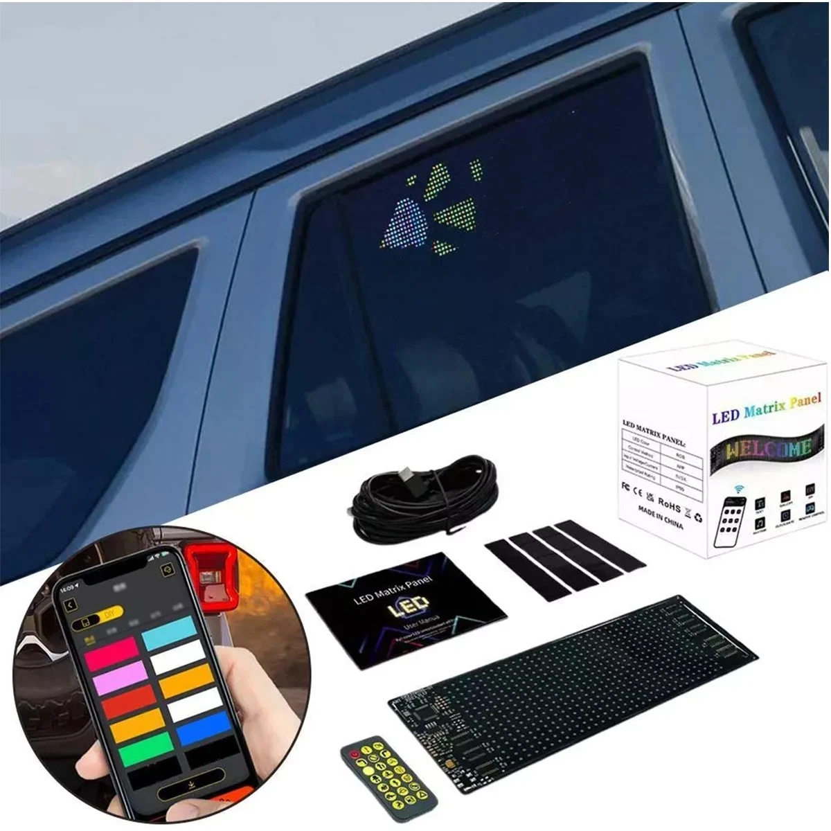 

Светодиодная панель «Дьявольский глаз» для грузовиков и автомобилей, управление через приложение, мягкая складная подсветка с функцией прокрутки для лобового стекла, 5В
