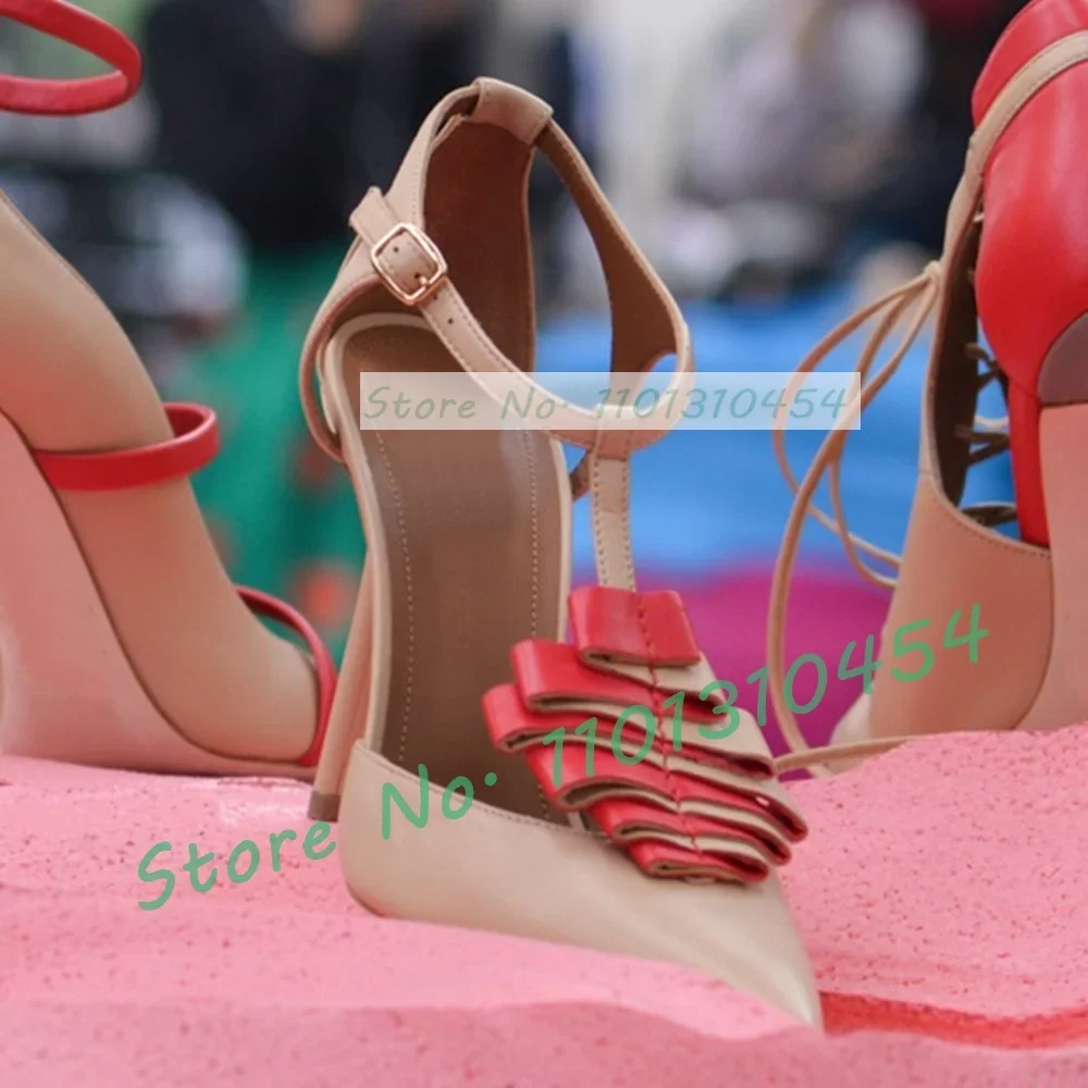 Nude Pleated Pointed Toe Sandals Women Ankle Straps High Heels Chic Appliques Shoes Summer Ladies Elegant Casual Design Sandals
