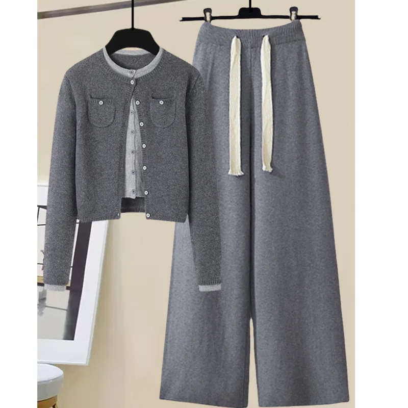 Autumn And Winter High Quality Pants Sets For Women Temperament Casual Korea Patchwork Sweater+high Waist Pants Set Clothing