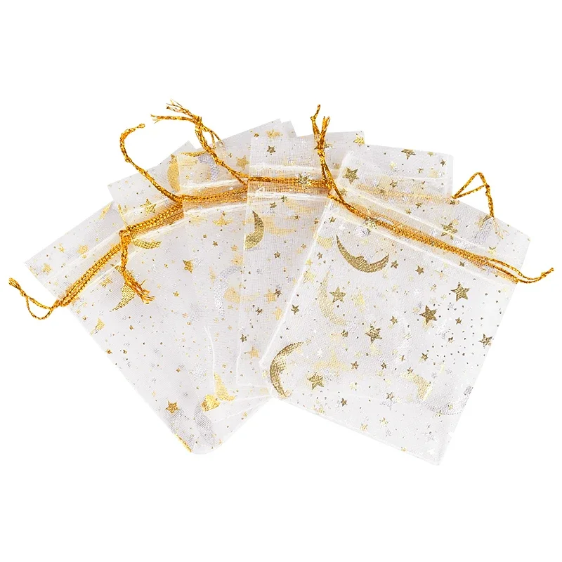 50Pcs Moon Star Drawstring Organza Bags Ramadan Decoration Eid Mubarak Gift Packaging Charm Jewelry Pouch Wedding Party Supplies