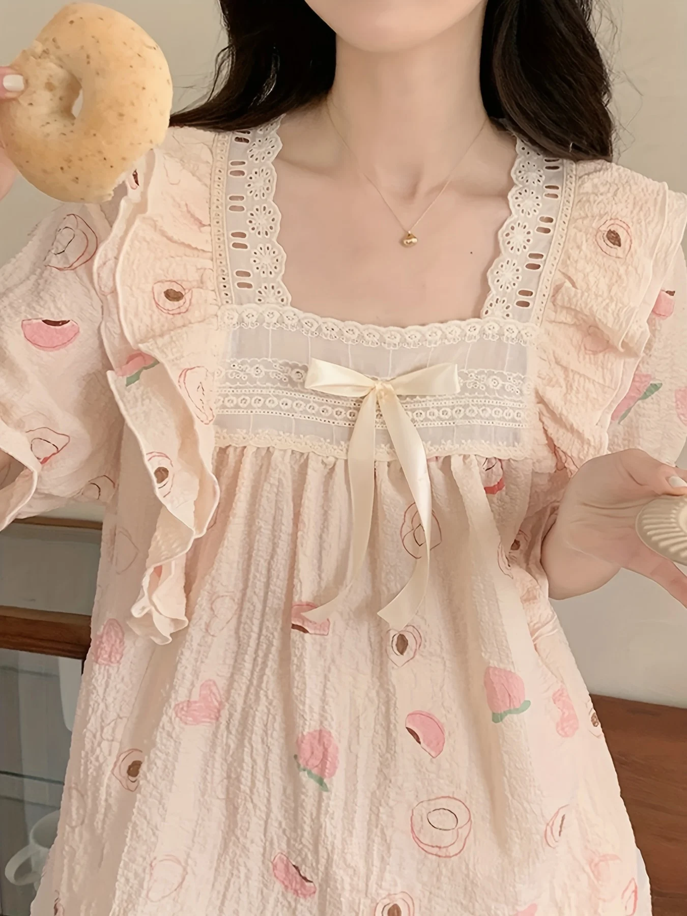 Peach Print Textured Contrast Lace Pajama Set Sweet Ruffle Trim Puff Sleeve Square Neck Top & Elastic Shorts Women\'s Sleepwear