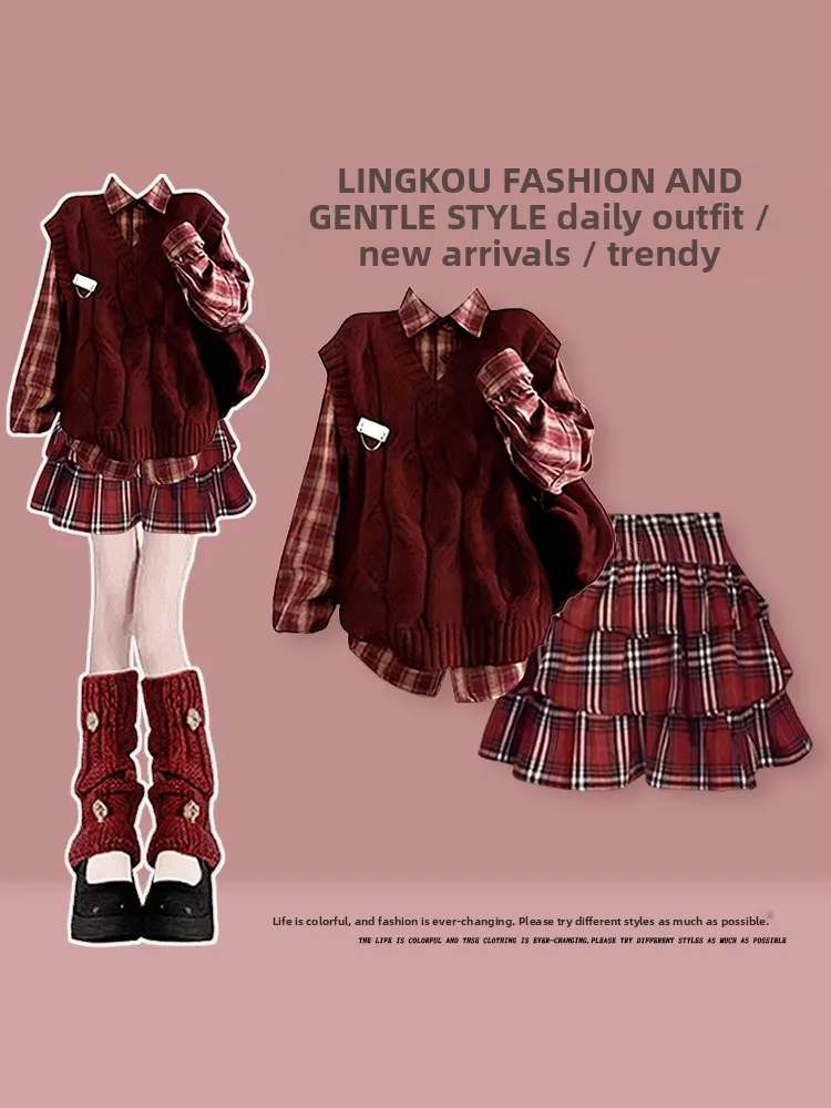 

Cisas Red Plaid Academy Sle Tee-Piece Set Women's High Waist Midi Skirt Long Sve irt Warm Faionable Autumn Win...
