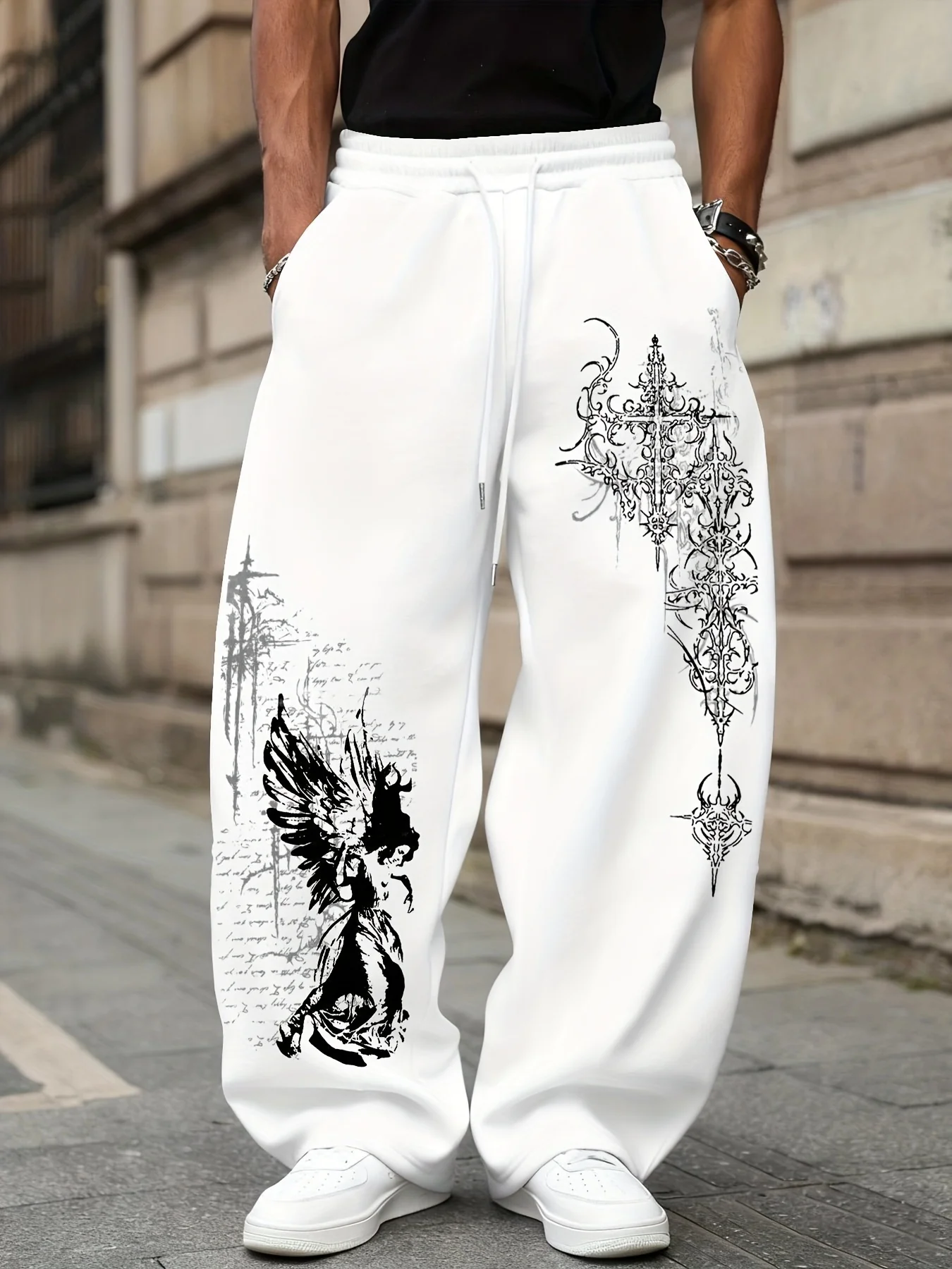 2627 Unisex New Straight‑Leg Jogger Pants Gothic Angel Cross Print Loose Trousers Dark Punk Streetwear Y2K Casual Long Bottoms
