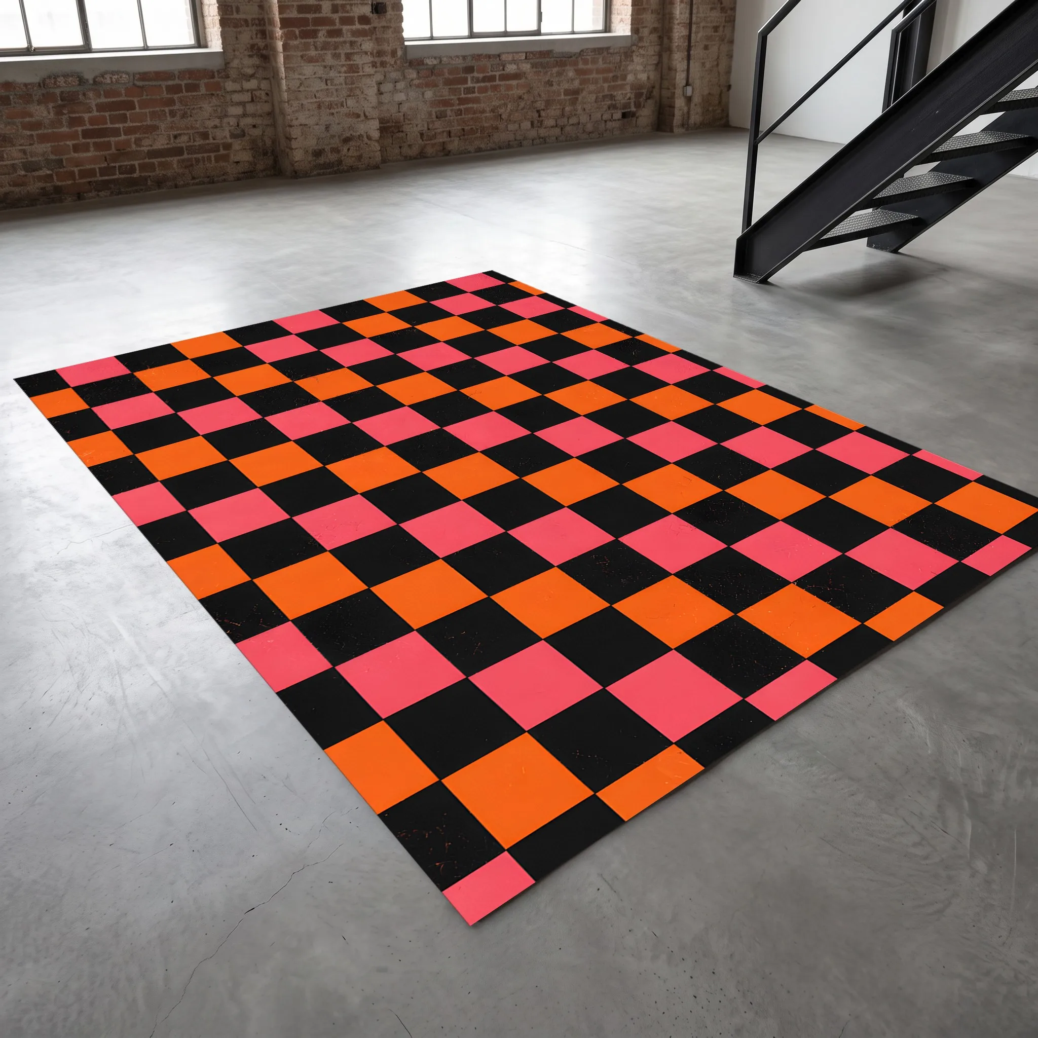 Velvet Rug Orange Black Pink Color Block Checkerboard for Entryway Living Room Bedroom Home Decor