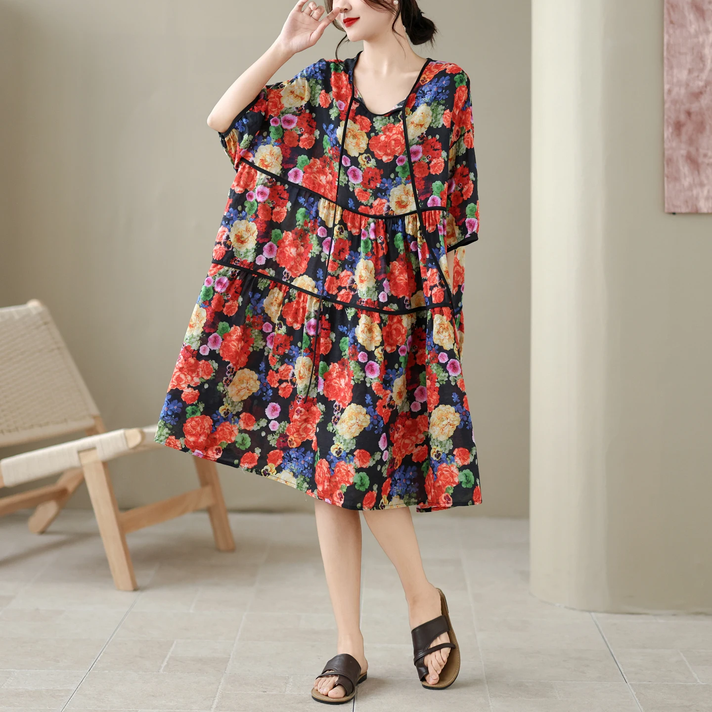 

Summer New plus Size Cotton Linen Print Neck Rope Loose Elegant Slimming Versatile Dress High Waist A-Line Skirt V-Neck Citywalk