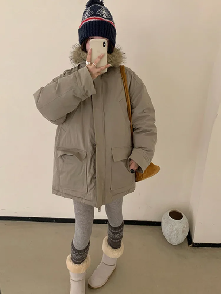 

Retro Sle White Du down Jaet Coat Long Sve Zipper Closure Collar And Fur Collar Mid-Length Warm Women's Out...