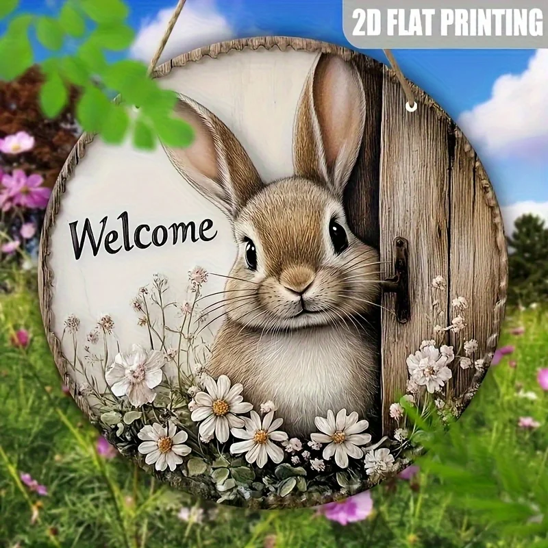 2D Flat, Easter Bunny Wall Decoration - Artificial 2D Printed Spring Door Hanger with Pre-Drilled Holes & Hanging Cord, Cute Sig