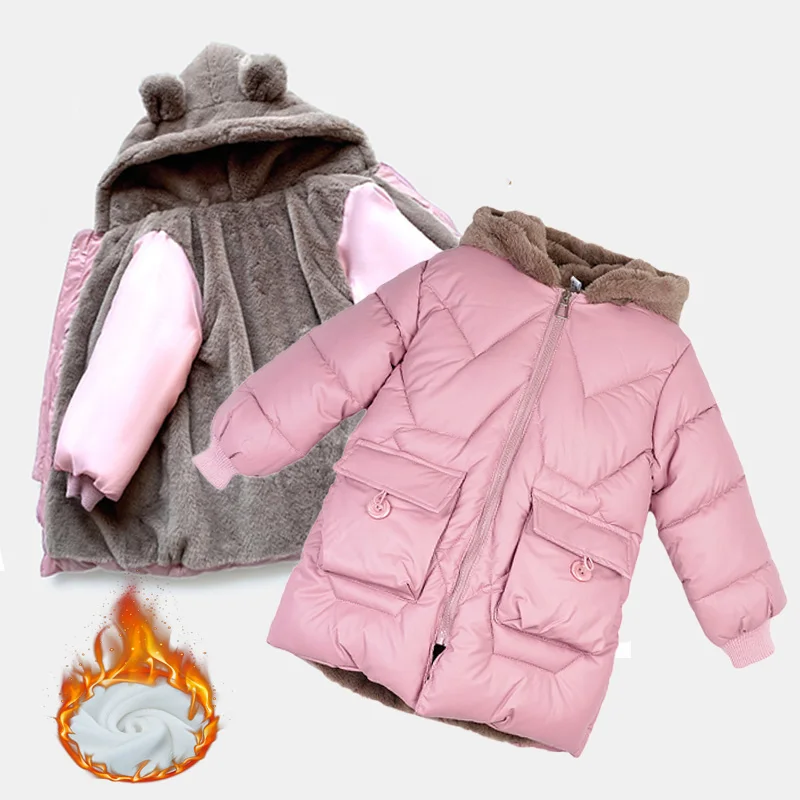 

Girls Thicken Down Jackets Kids Warm Plus Velvet Coats Children Winter Hooded Outerwear Teenager Padded Windproof Long Clothing
