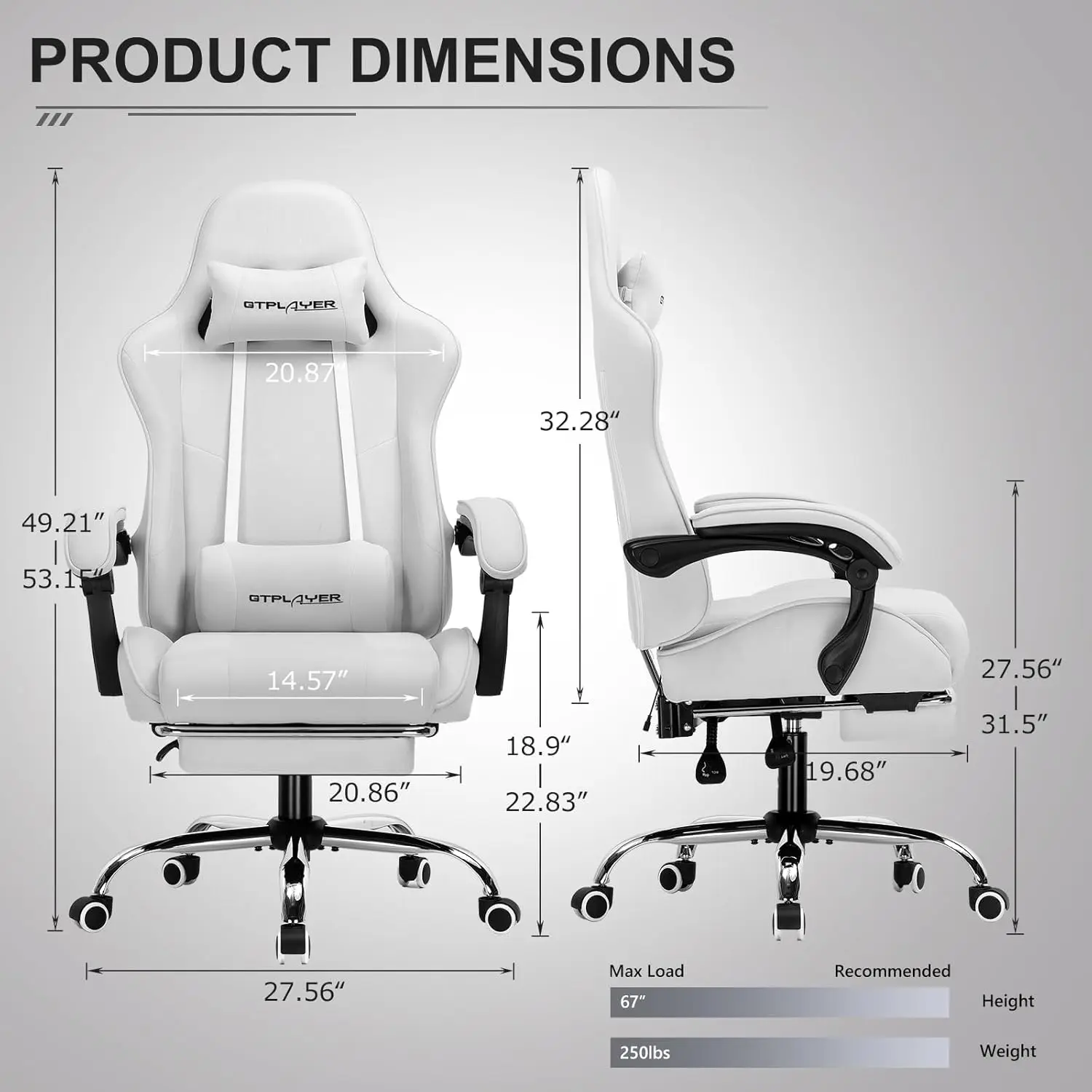 Gaming Chair with Footrest, Computer Chair with and Lumbar Support, Height Adjustable Game Chair with 360°-Swivel Seat