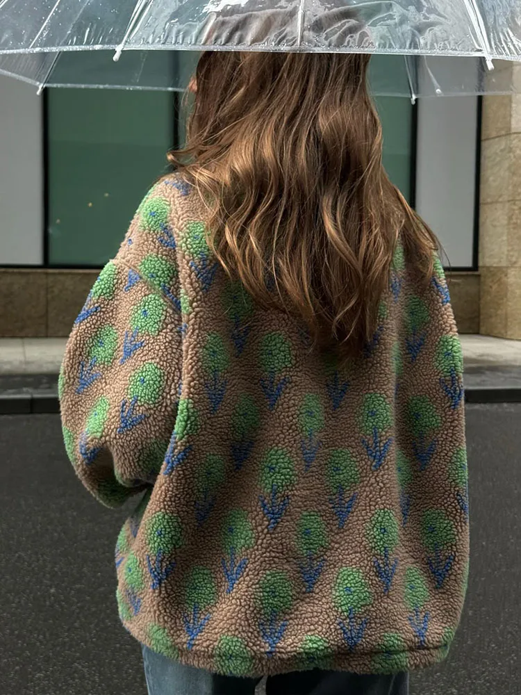 MCDV Bluzy polarowe z nadrukiem vintage, damska moda, kontrastowe, luźne bluzy z krótkim zamkiem, jesienno-zimowe, codzienne topy streetwear