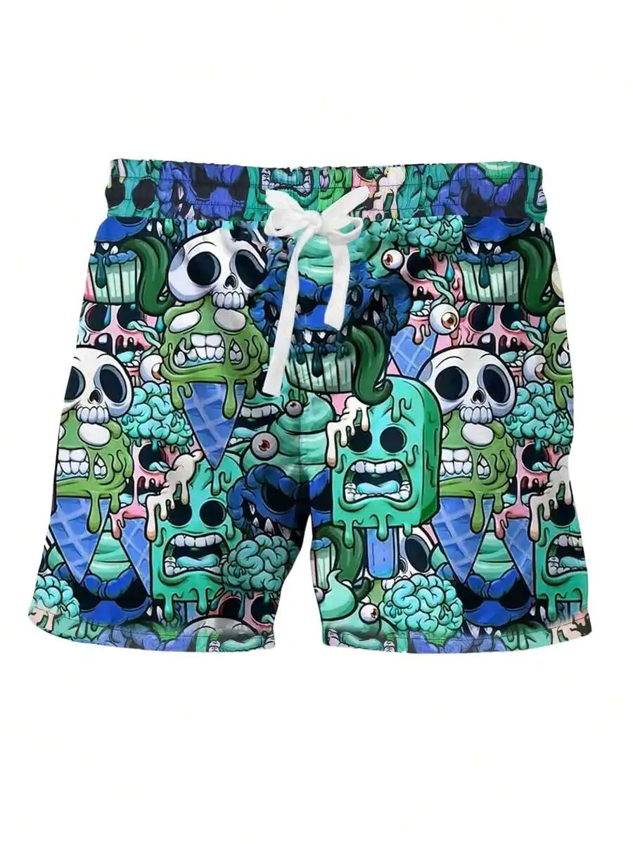 Men's Cartoon Skull Print Swim Trunks Drawstring Elastic Waist Beach Shorts