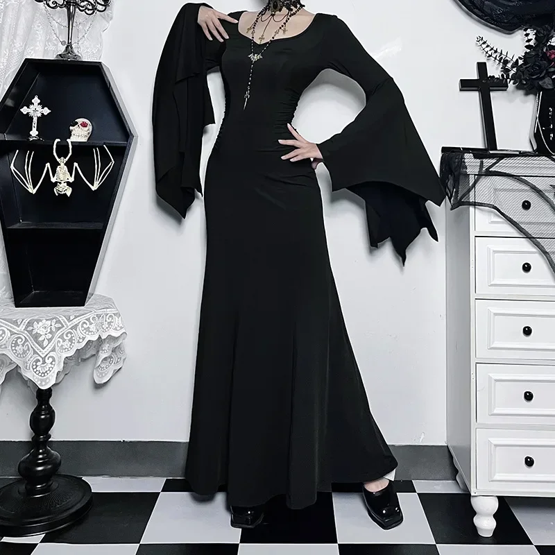 

Gothic Vintage Dress Halloween Women Square Neck Patchwork Spider Web Flare Sleeves Cosplay Long Party Dress