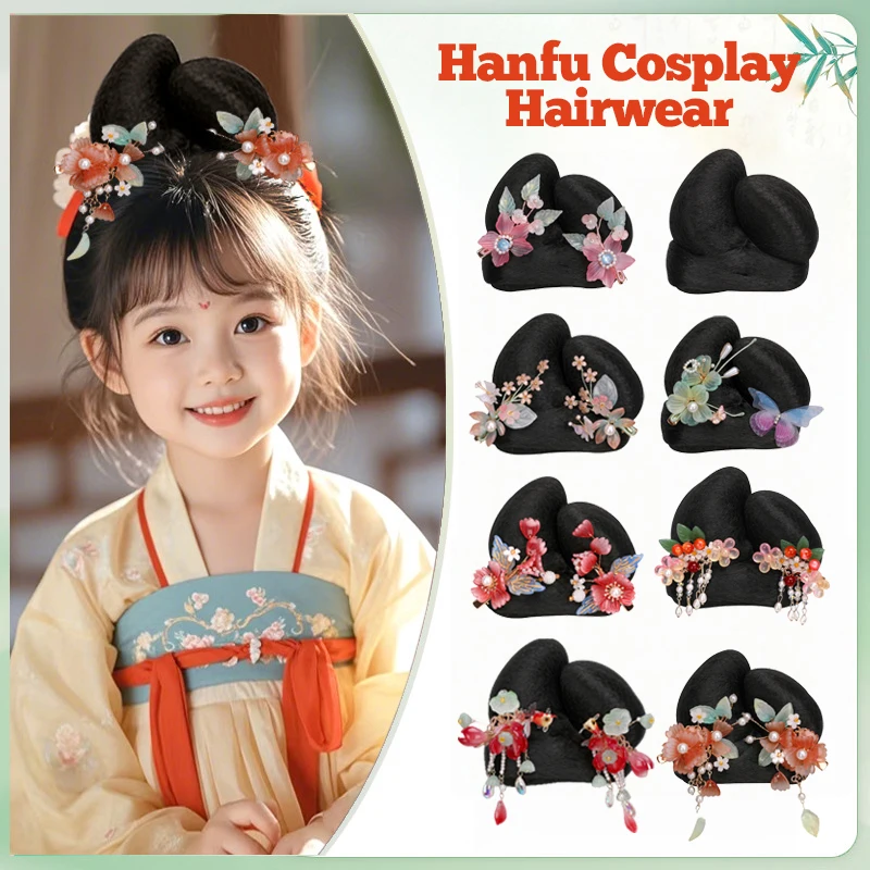 Synthetic Hair Extensions Ancient Chinese Traditional Hanfu Wig  Fluffy Hairstyle Headband Girls Princess Cosplay Accessories