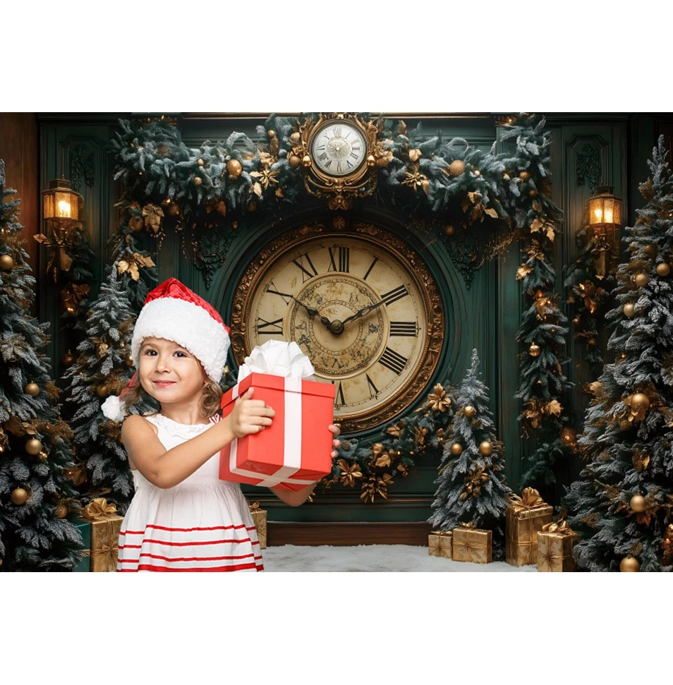 Green Christmas Clock Backdrop Xmas Tree Gifts Baby Kids Portrait Family New Year Party Photography Background Decor Photostudio