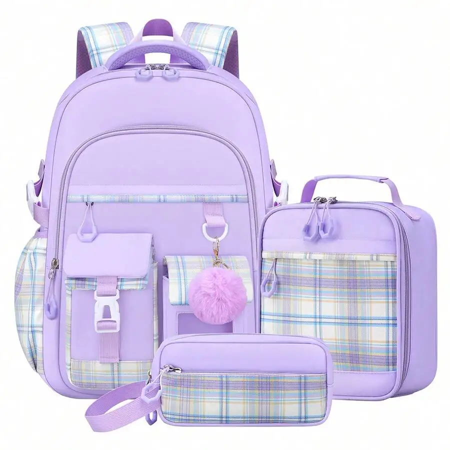 3PCS Plaid School Backpack Lunch Box Bag Pencil Case Set, Cute Backpack For Teenage Girls, 15.6-Inch Computer Laptop Backpack, O