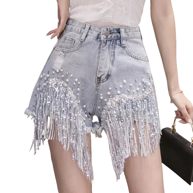 Summer Ripped Jeans Short Femme High Waist Diamond Tassel Y2k Casual Bottoms for Ladies Denim Shorts Women Clothing Fashion