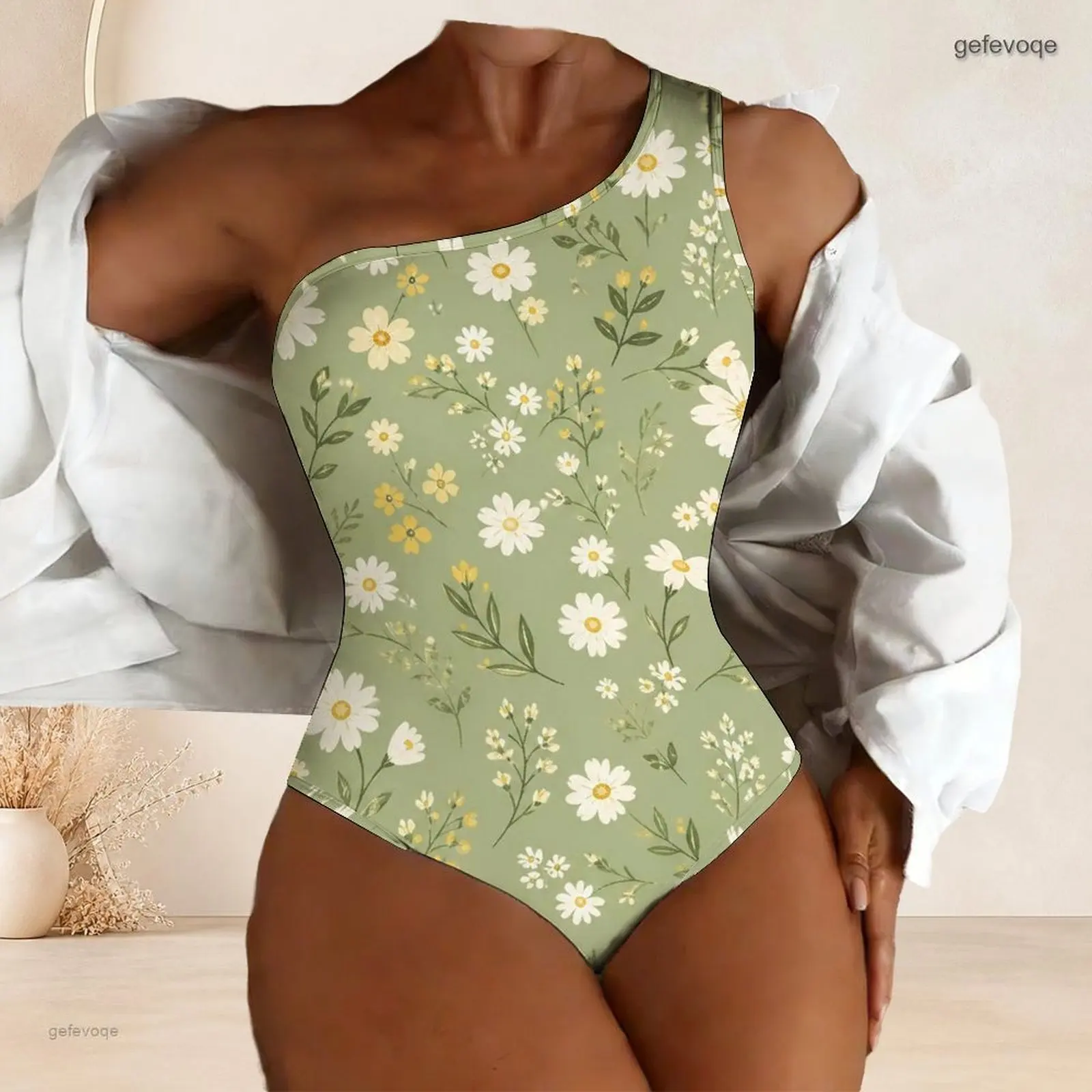 Women Light Green White Daisy Floral Print One Shoulder Sleeveless One Piece Swimsuit