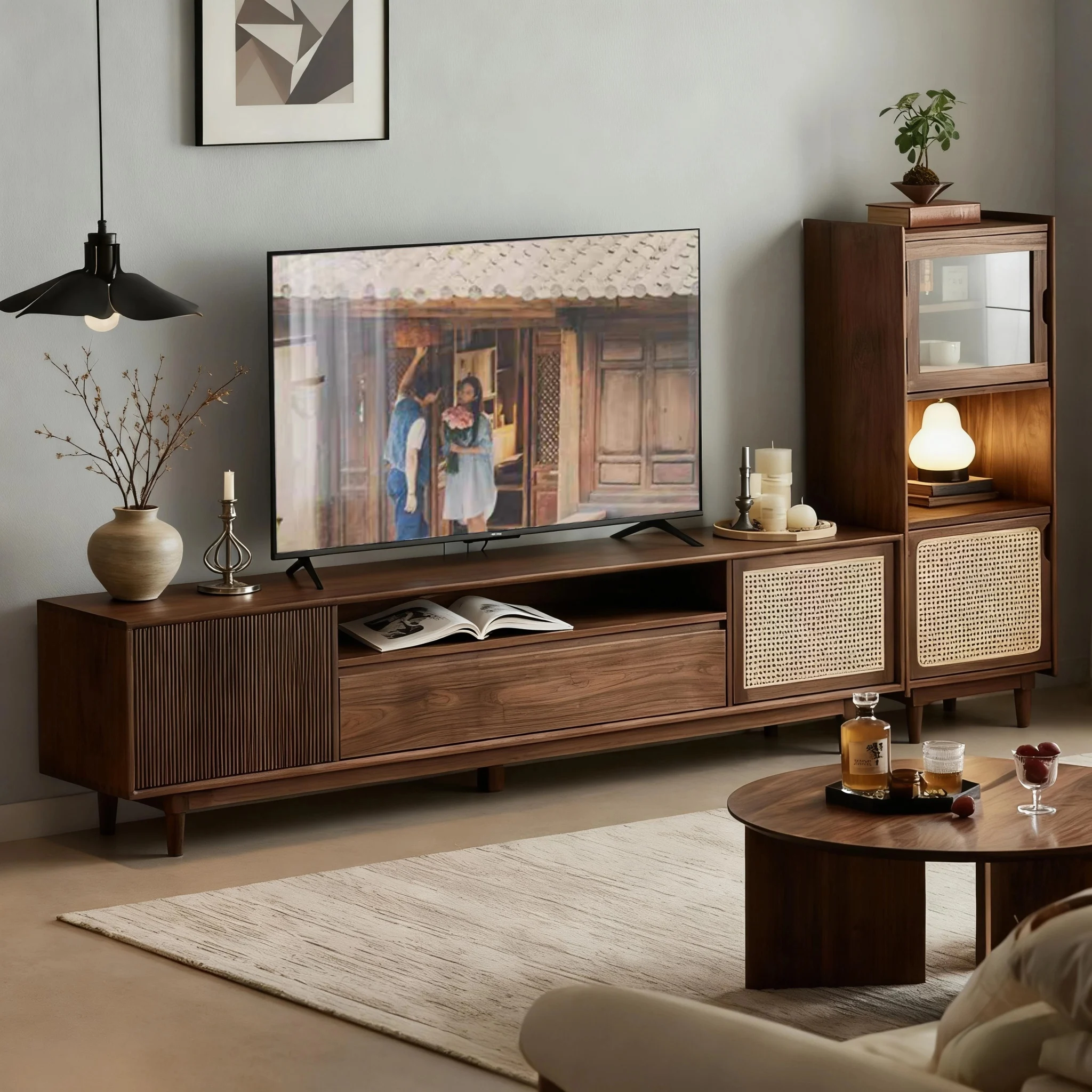 خزانة تلفزيون، جوز أسود، خشب متين، القرون الوسطى، مجموعة، غرفة المعيشة، المنزل، الرجعية