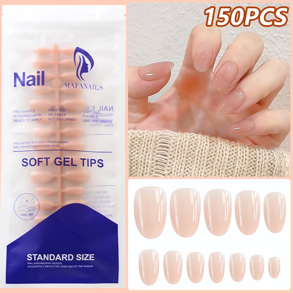 150/120 pçs acrílico nu curto amêndoa unhas falsas artificial wearable imprensa em unhas feminino brilhante cobertura completa dicas de unhas falsas francesas
