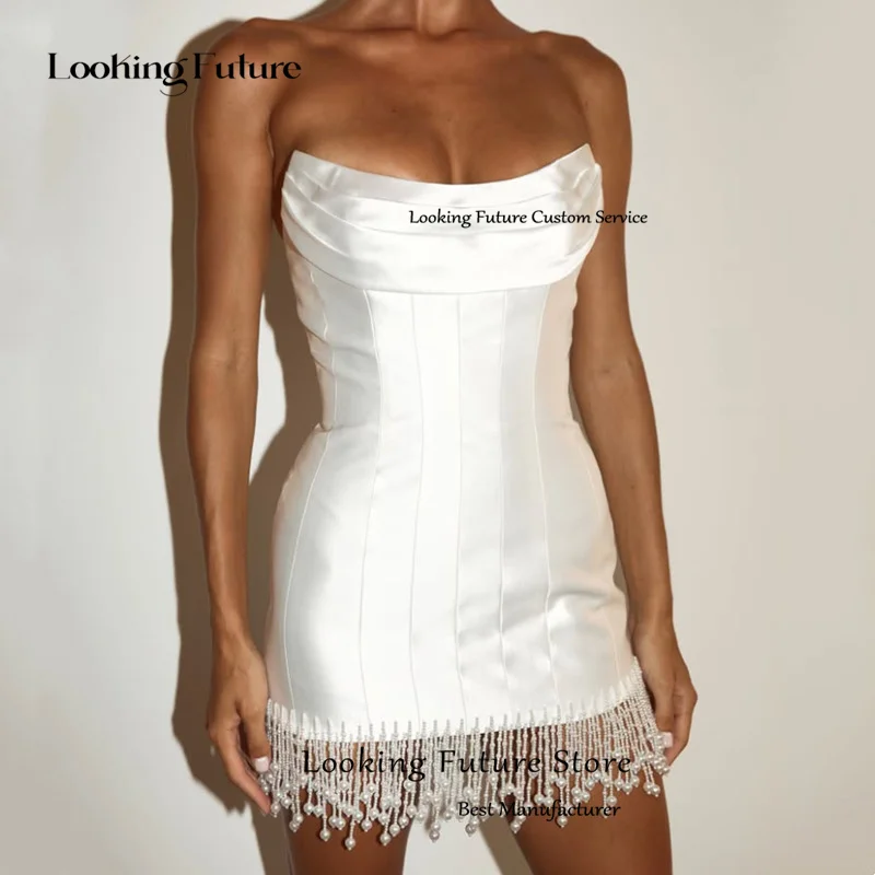 Elegant White Satin Short Wedding Dress Pleat Pearls Tassel Mini Bride Dress Sexy Backless Strapless Sleeveless Gown Customized image 4
