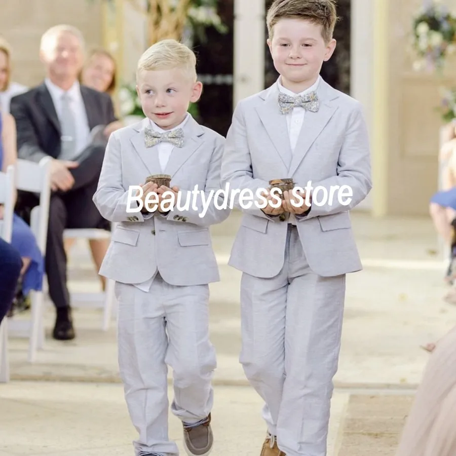 Trajes de lino para niños, ropa de boda, Hobo, playa, fiesta de cumpleaños, conjuntos formales, portador de anillo (chaqueta + pantalones)