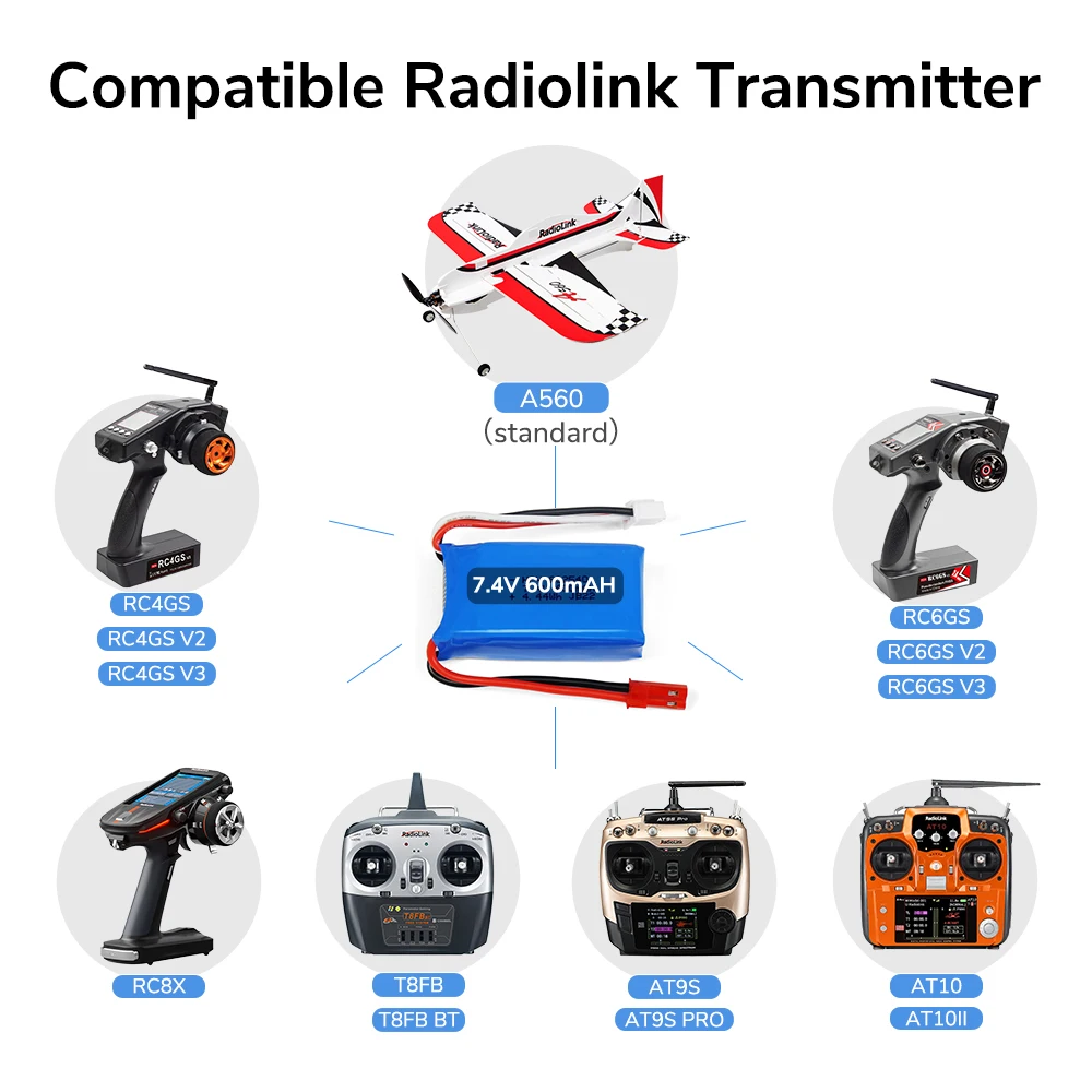 Radiolink 1700mAH 2S Battery for Transmitters RC8X & FULLYMAX 7.4V 2S 600mAh Lipo JST Connector for Radiolink A560 Fixed Wing