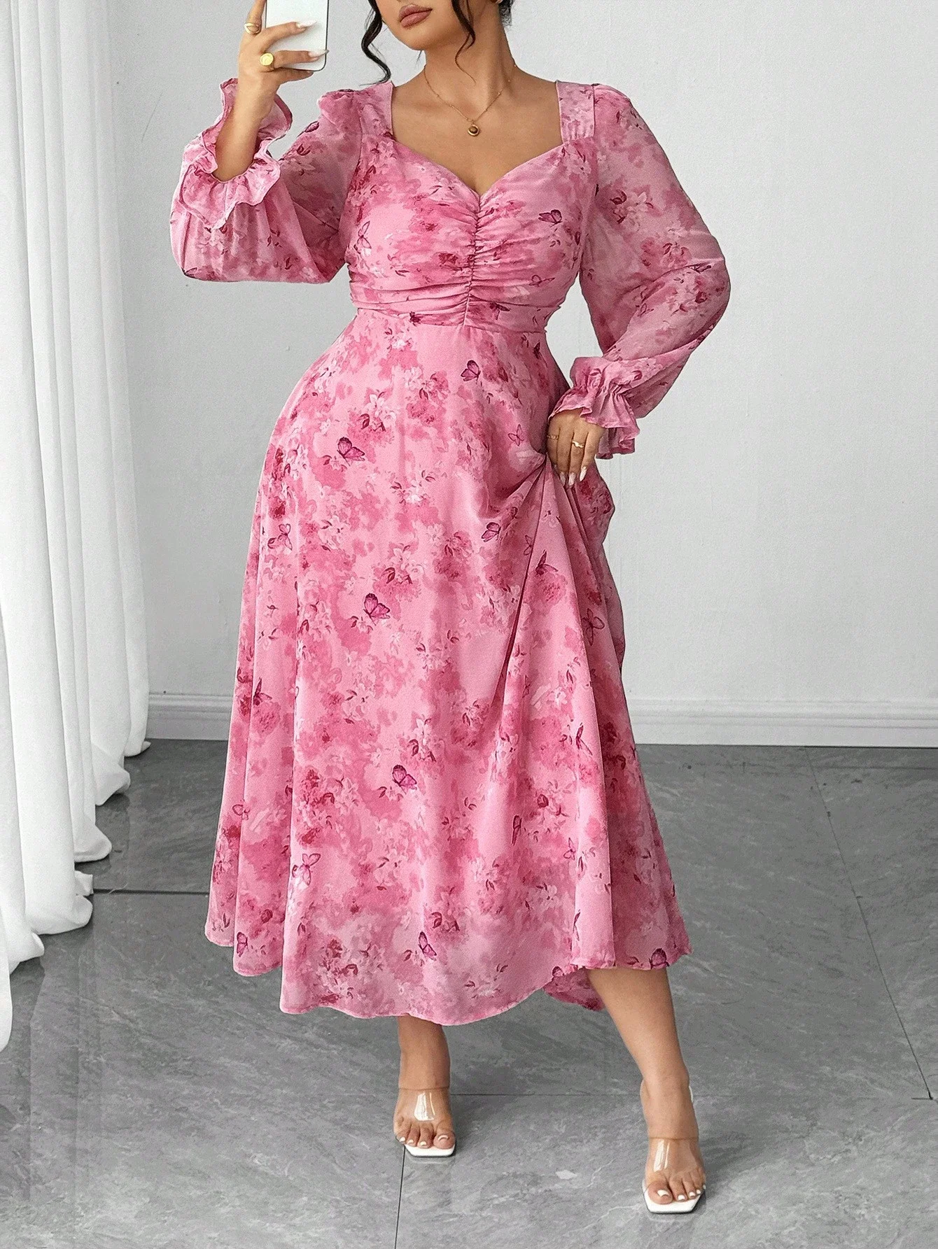 

Elegant Square Neck Ditsy Floral Waist Cinched A-Line Long Sleeve Dress For Women
