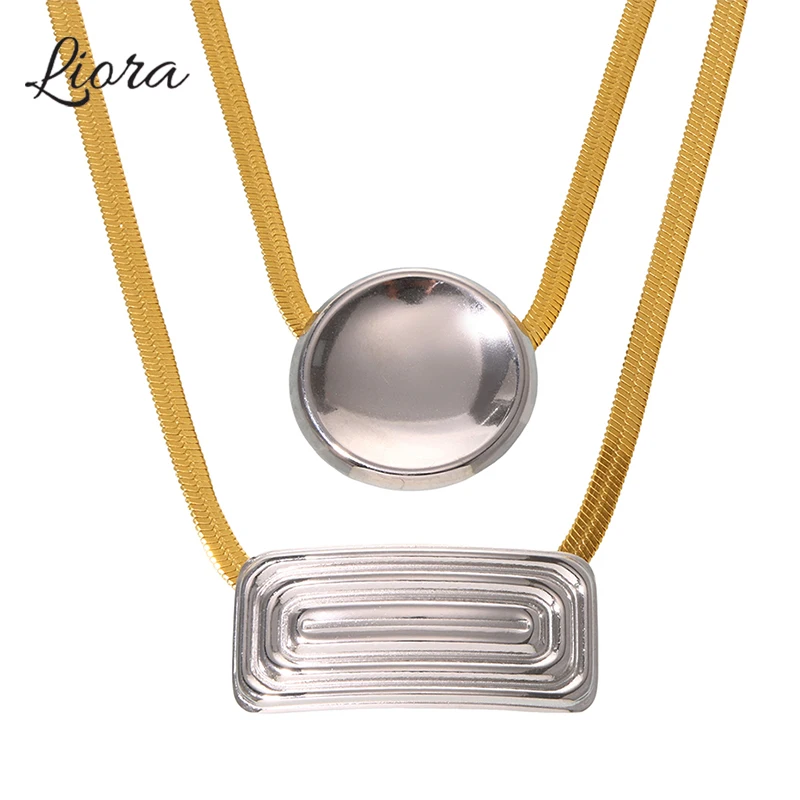 

Liora 40cm Large Square Round Pendant Necklace For Women 316L Stainless Steel Flat Snake Chain Neck Choker Fashion Jewelry