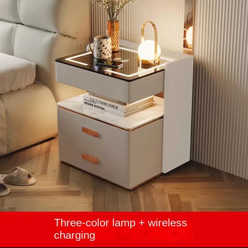 2026 Modern Luxury Wooden Wireless Charging Smart Bedside Table LED Light 3-Drawer Storage For Small Apartments Nightstands