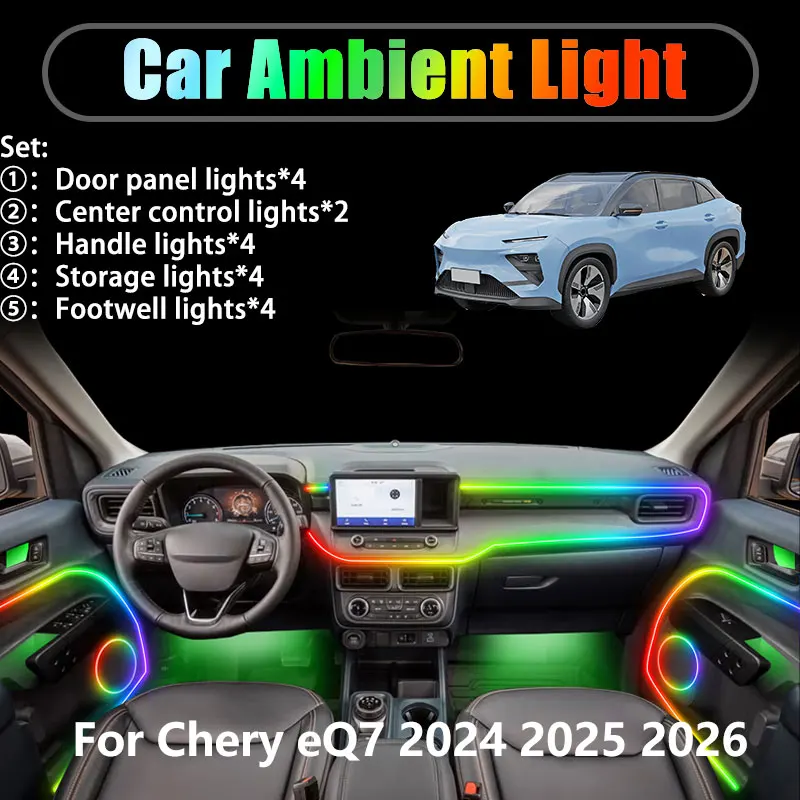

For Chery eQ7 2024 2025 2026 2/18 in 1 Car ambient lighting Led trunk interior led lights USB RGB Ensemble Streamer Auto Parts