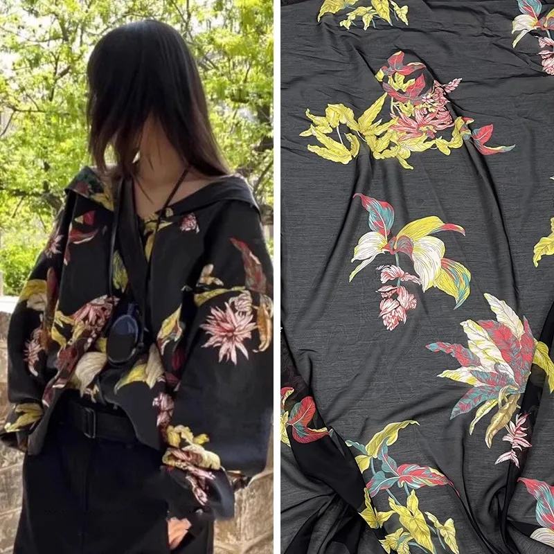 Fashion Black Back Yellow Flower Printed Imitate Silk Cotton Fabric For Women Dress Blouse Handmade DIY Cloth Sewing