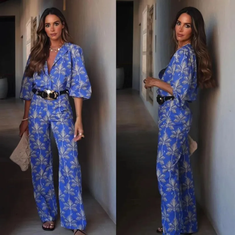 

Blue Folower Print 2 Piece Sets Women Vintage Printed V Neck Long Sleeve Top High Waisted Elasticated Wide Leg Casual Pants Set