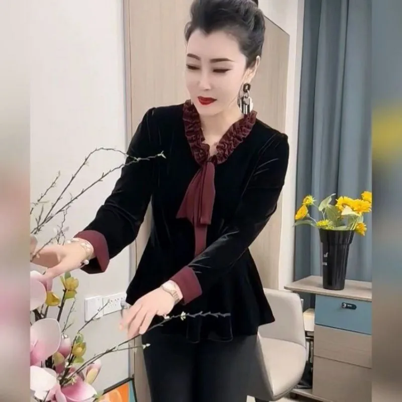 เสื้อท็อปแขนยาวทรงหลวมสไตล์แฟชั่น ผ้ากำมะหยี่สีทองใหม่ล่าสุด กระชับเอว ช่วยให้ดูอ่อนเยาว์ ใส่ได้หลากหลายโอกาส