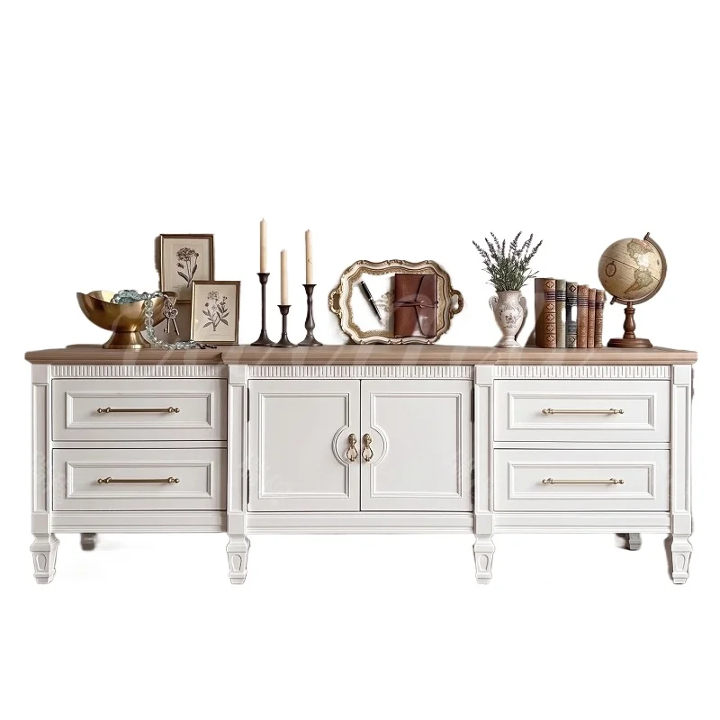 French retro color matching solid wood TV cabinet American simple large-capacity storage floor cabinet household