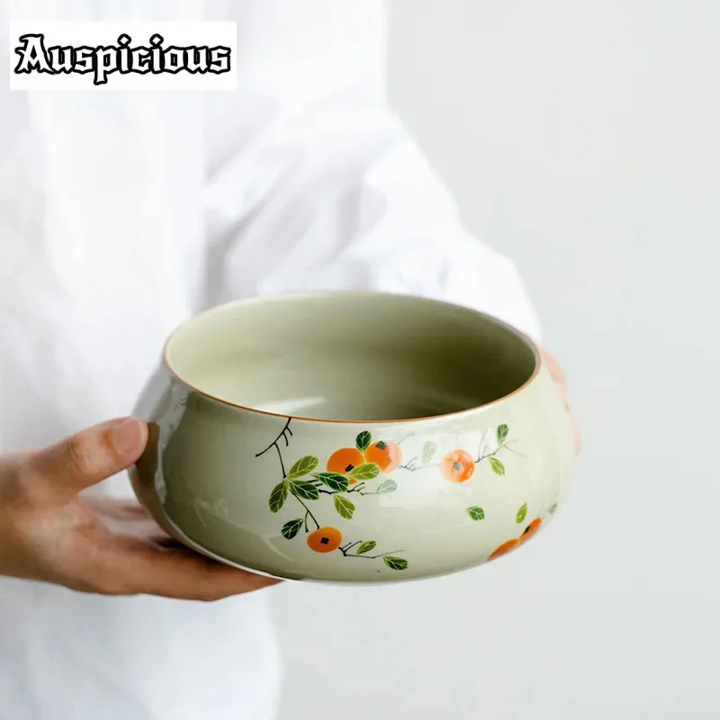 1080ml Pure Hand-painted Persimmon Ceramic Tea Washing Bowl Large Water Pen Washing Bucket Tea Residue Barrel Tea Cup Storage