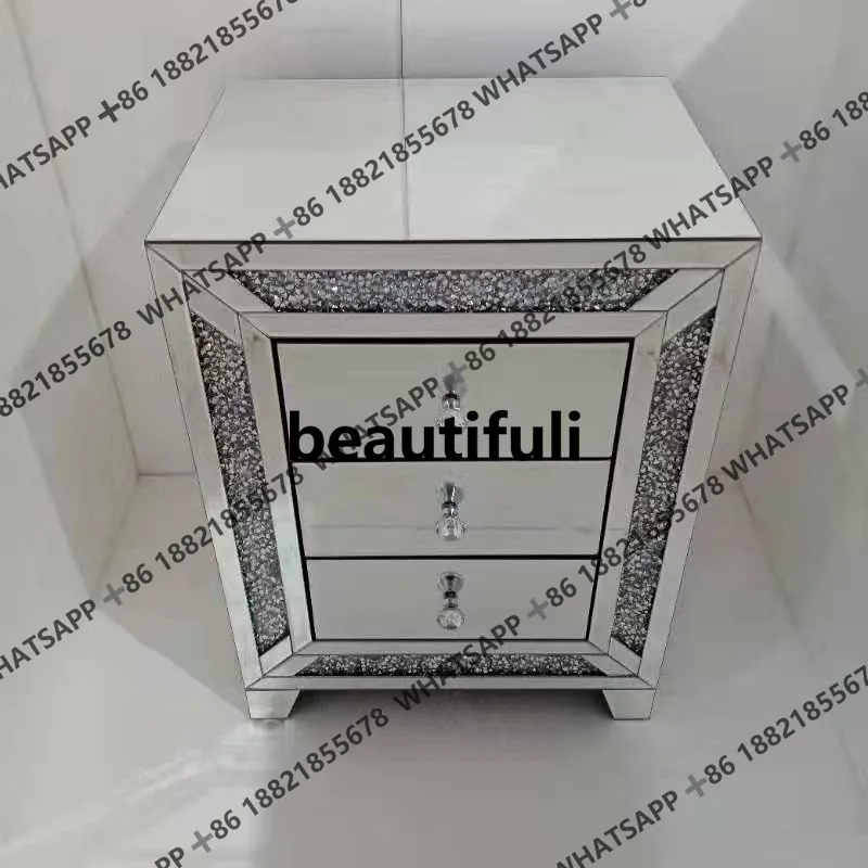 Silver Modern Simple Mirror Glass Rhinestone Crystal Bedside Table