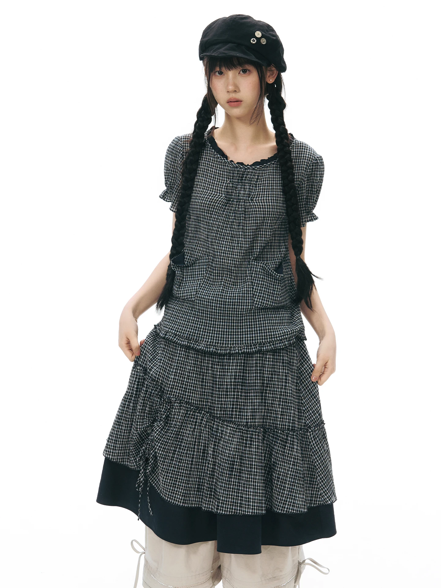NAPSNAPS Original Plaid Color Block A-Line Long Half Skirt Women's Summer Teenage Feel High Waist Cotton Gingham Skirt