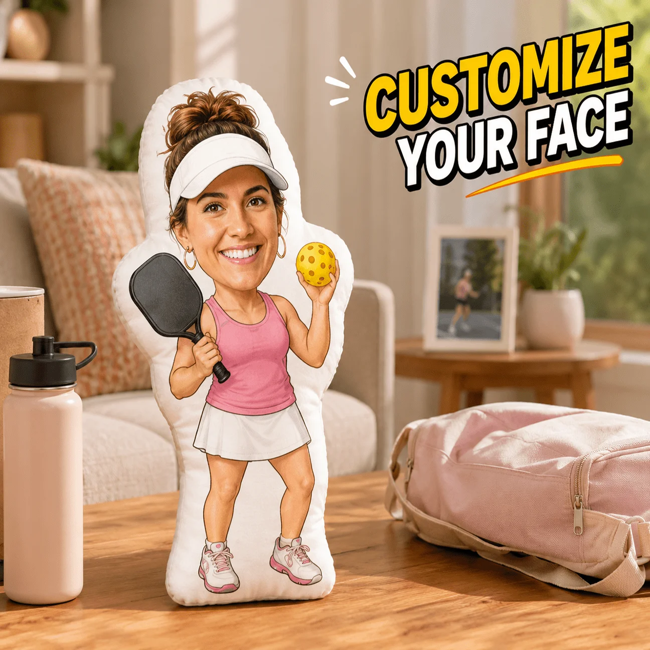 Custom Personalized Photo Face Pillow, Pickleball Player Character Custom Shaped Decorative Cushion, 60CM Large Size Accent Pill