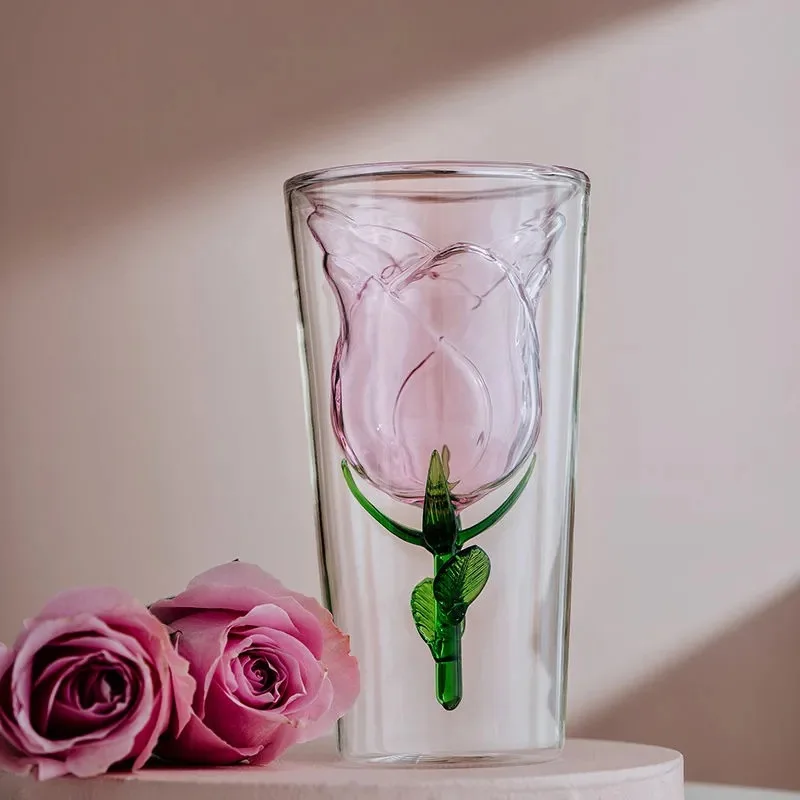 1 Piece 200ml Heat Resistant Inner Pink Rose Shaped Double Wall Coffee Wine Glasses Cup