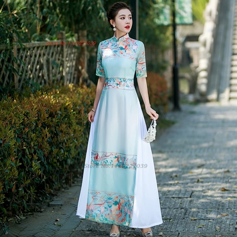 2025 vietnam traditional ao dai  dress national flower print cheongsam oriental improved qipao party banquet evening aodai dress