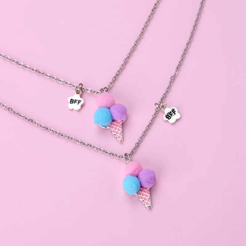 Luoluo&baby 2Pcs/Set Cute Ice Cream Plush Ball Best Friends Necklace Pendant Chain BFF Friendship Jewelry Gifts For Kids