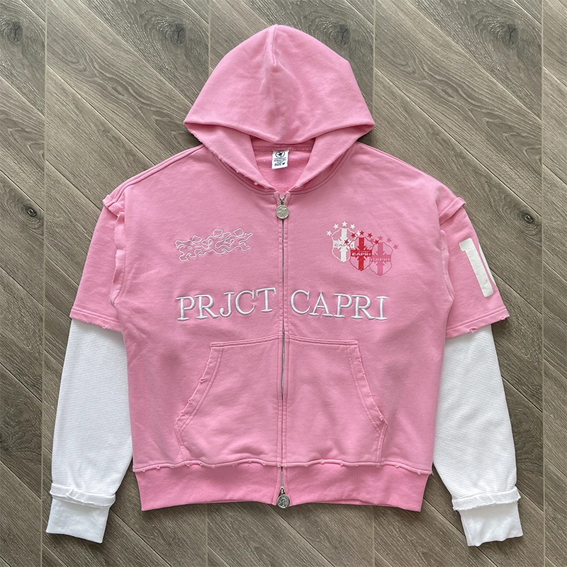 2025 Project Capri Hoodie Casual Letter Embroidery Print Fake Two-piece Set Zipper Cardigan Jacket Hooded Sweatshirt
