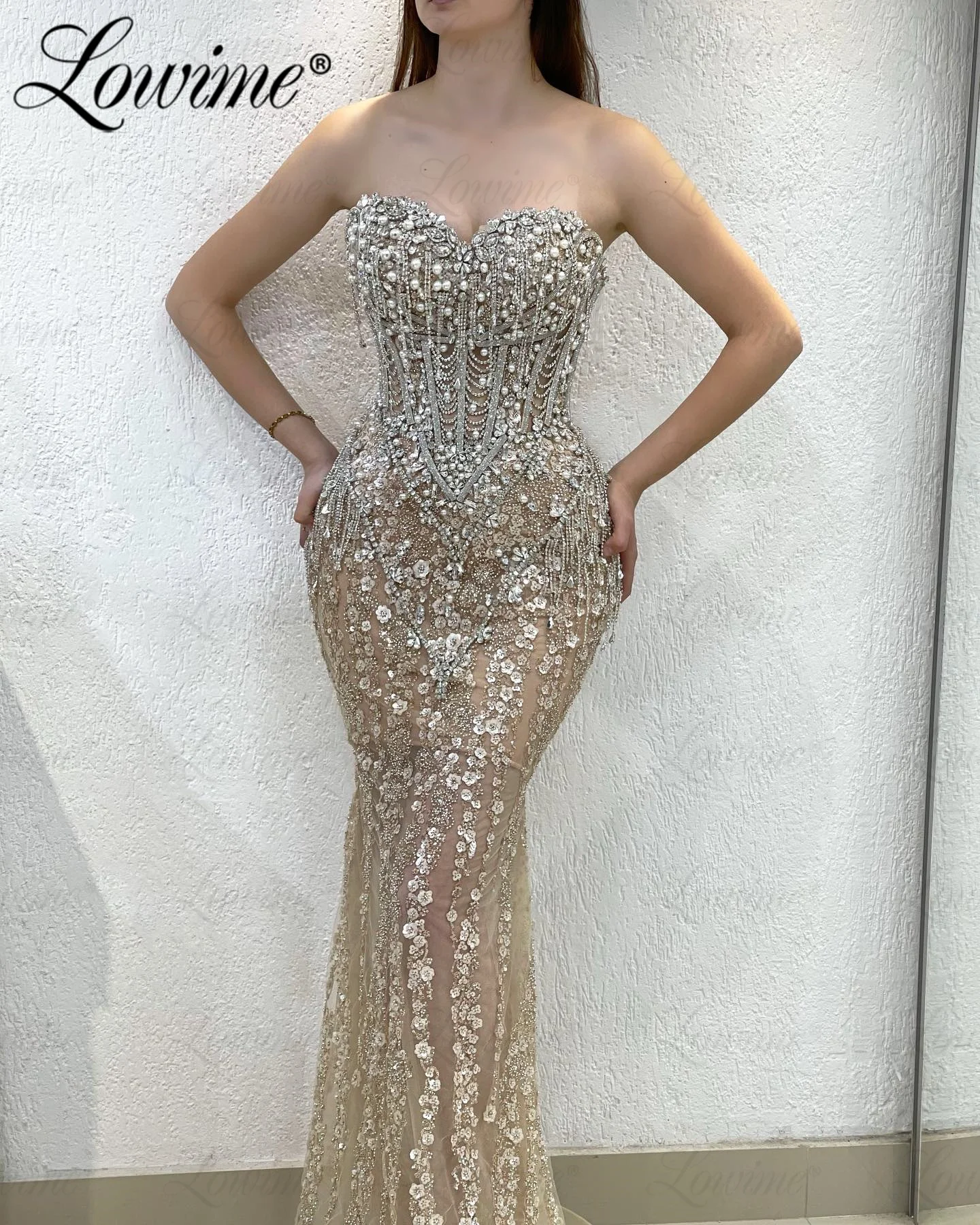 Champagne Mermaid Long Evening Dresses 2023 Sweetheart Floral Beads Crystals Long Wedding Party Dress Tassel Customize Prom Gown