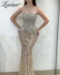 Champagne Mermaid Long Evening Dresses 2023 Sweetheart Floral Beads Crystals Long Wedding Party Dress Tassel Customize Prom Gown