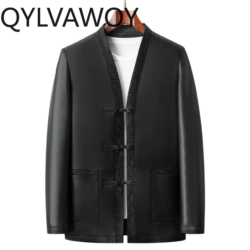 

QYLVAWOY Sheepskin Real Leather Jackets Man V-neck Vintage Jacket for Man Spring Autumn Leather Coats Jackets Casual Chaquetas