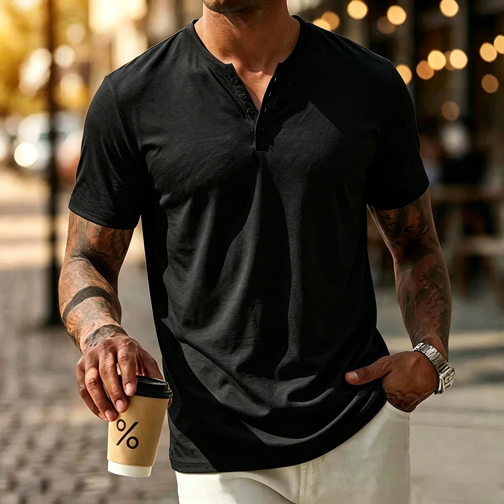 Summer Men's Cotton T-shirt Solid Color Breathable Lightweight Slim Fit Henley Neck Short Sleeve Casual Tops Male Streetwear