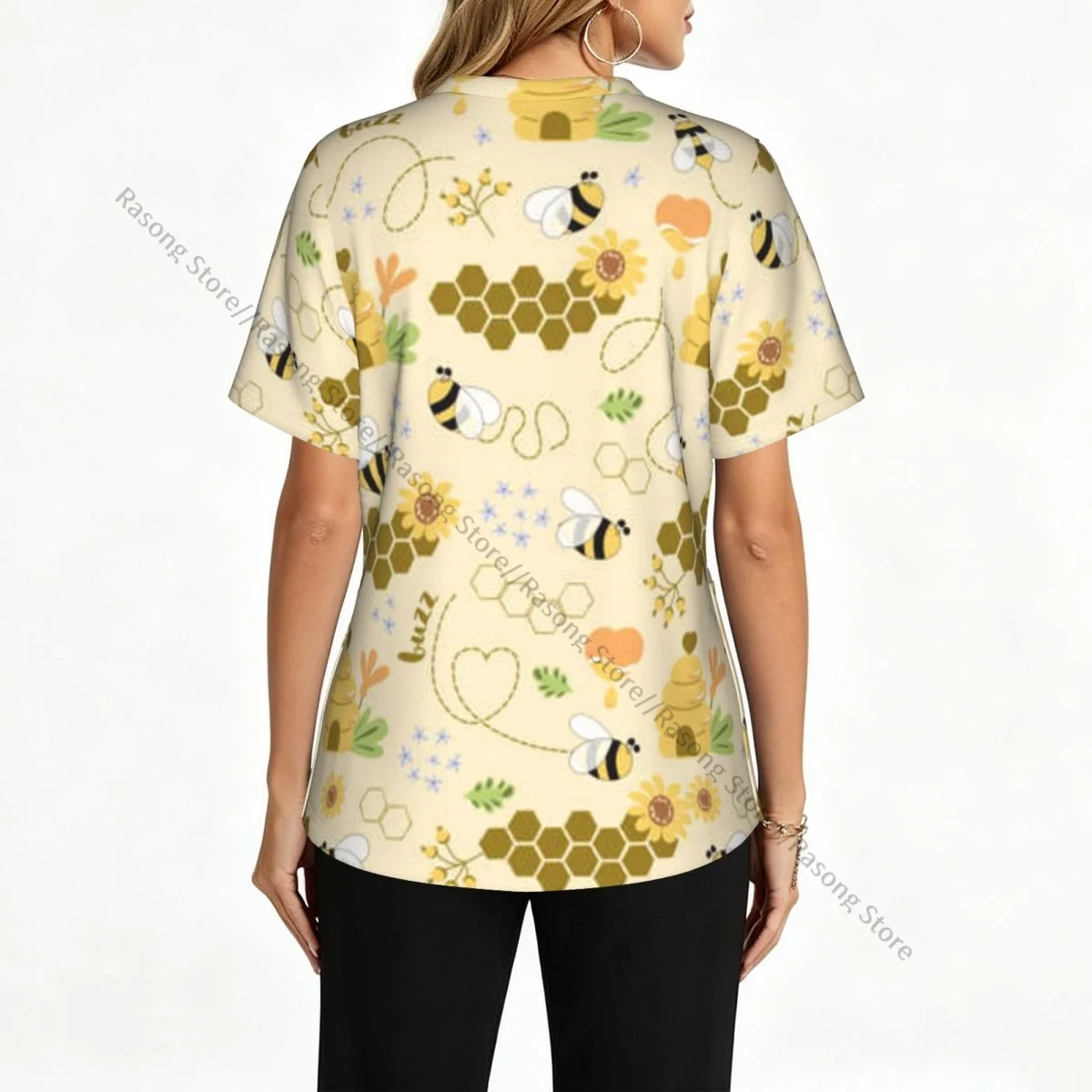 Sweet Honey Cute Bees Hive Flower Scrubs Medical Uniforms Women V Neck Short Sleeve Tunic Scrubs Tops Nursing Surgical Uniforms