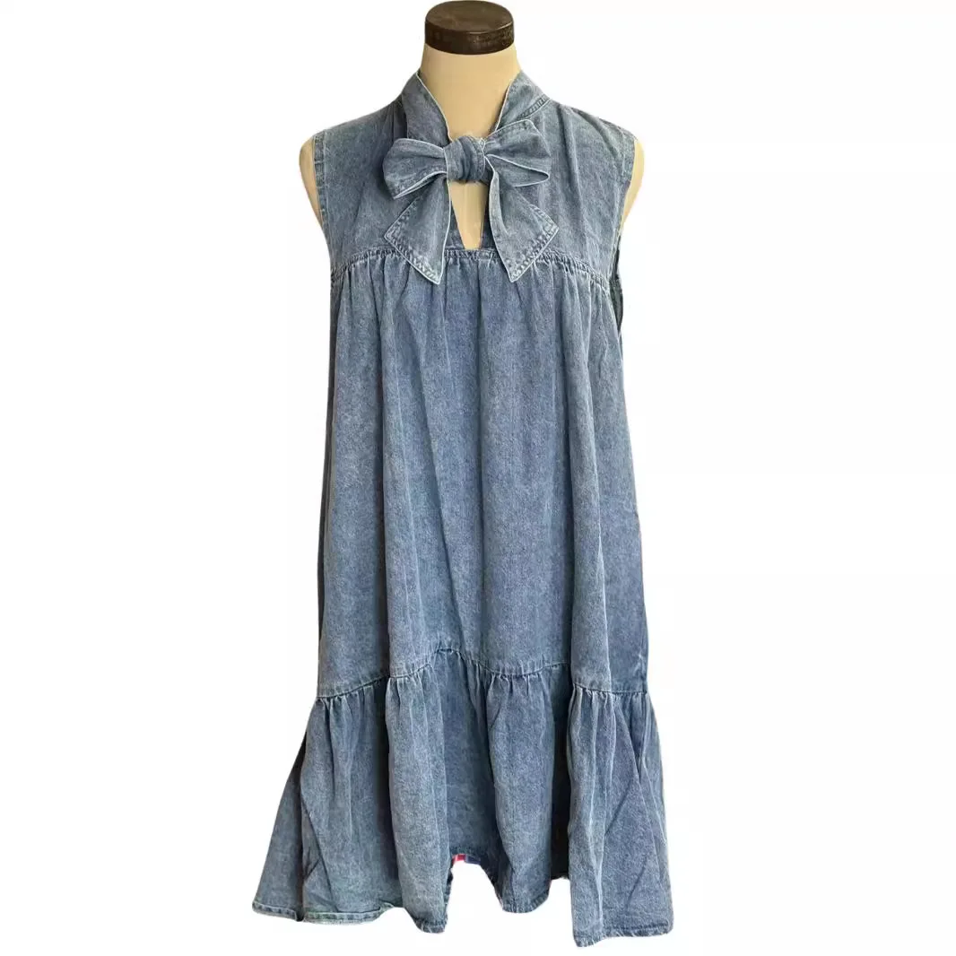 

Women Denim Dresses Bow Tie Dress Sleeveless Flounced Edge Solid Ankle Length Loose Fit Elegant Casual Office Lady 2025 Summer